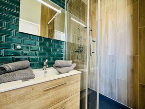 Shower, hair dryer, towels