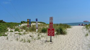 Une plage où des panneaux indiquent qu’il est interdit de se garer et qu’il n’y a pas de sauveteur en service.