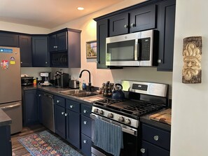 A modern kitchen with dark cabinetry, stainless steel appliances, and a patterned rug.