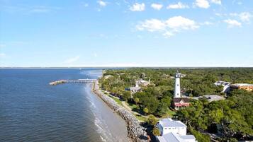 On the beach, sun loungers, beach towels