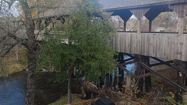 Un espace extérieur aménagé, abrité et doté d’une table et de chaises, d’une terrasse en bois et d’une vue sur une rivière et des arbres.