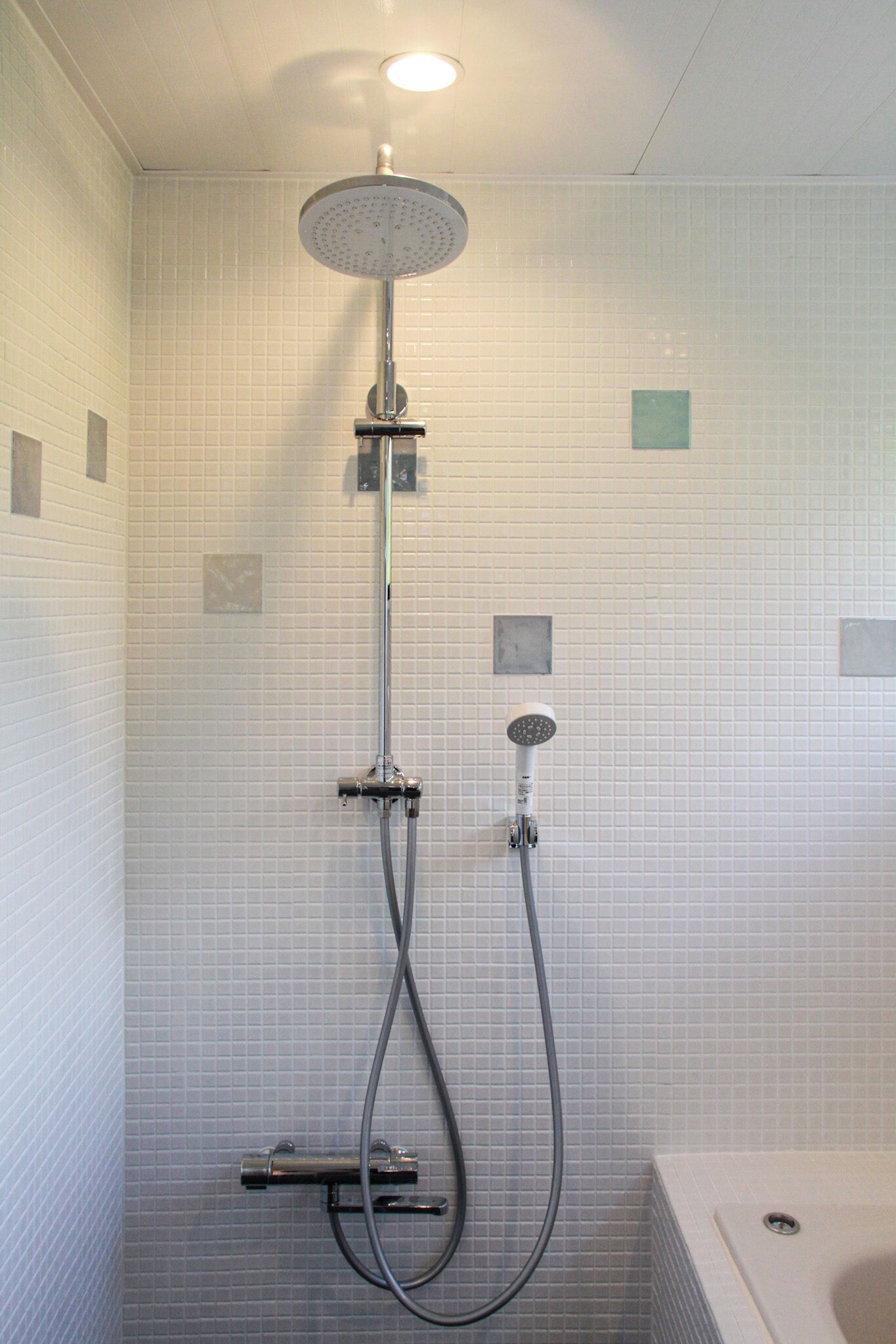 A shower with a handheld showerhead and a fixed overhead showerhead, both mounted on a chrome pipe.