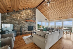 Smart TV, chimenea, libros
