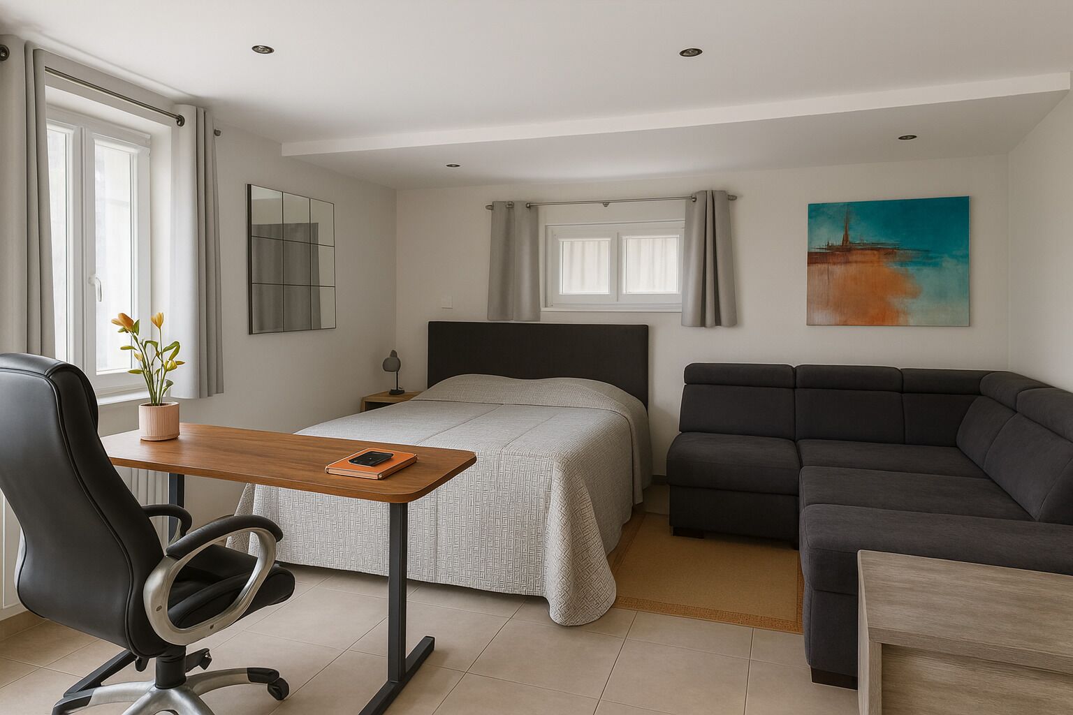 A modern bedroom with a bed, a desk, a chair, a sofa, and a painting on the wall.