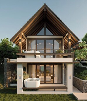 A modern two-story house with a prominent wooden gable roof, large windows, and a hot tub in the front yard. - Sandesh Water Edge Kabini  (Heggadadevankote)