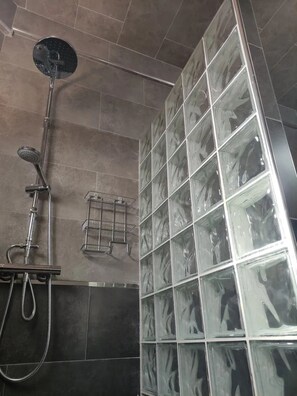 Dusche, Haartrockner, Handtücher, Seife