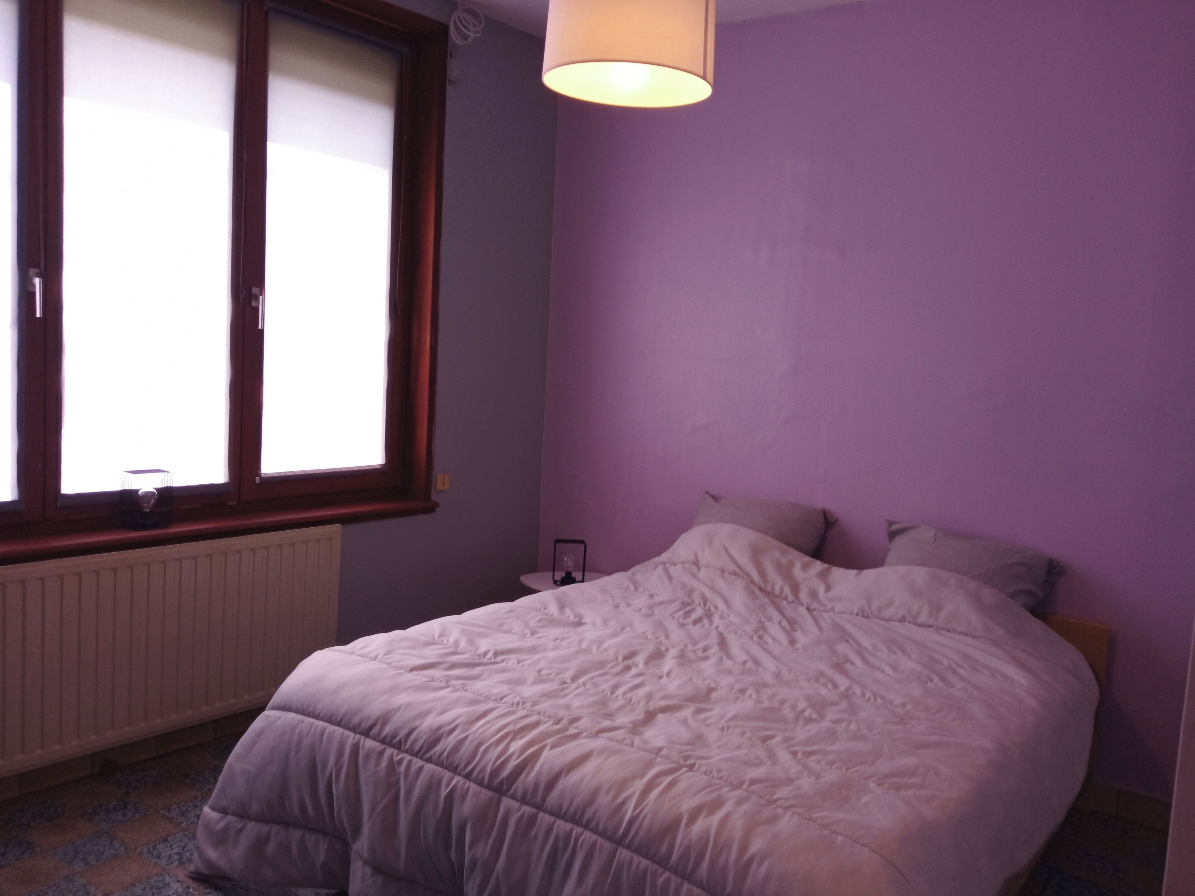 Una camera da letto con un letto, una finestra e un termosifone.
