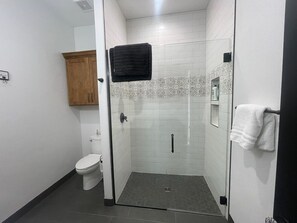 Ein Badezimmer mit Dusche, Toilette und einem Holzschrank.