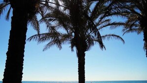 Ein Strand mit Palmen und Menschen.