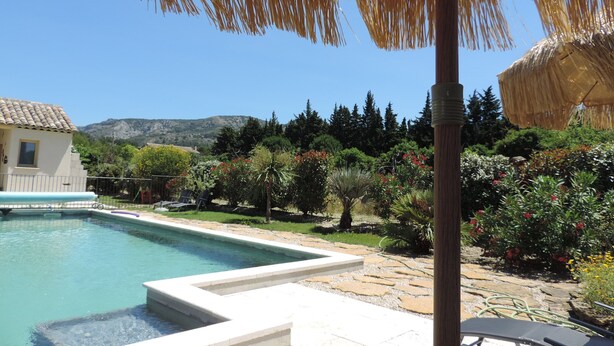 A swimming pool with a stone deck, surrounded by a garden with various plants and a mountain in the background. - Bed and breakfast, private parking, SWIMMING POOL (Cavaillon)