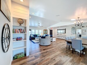 Smart TV, fireplace, books