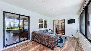 Smart TV, fireplace, books