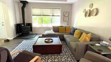 Smart TV, chimenea, libros y estéreo