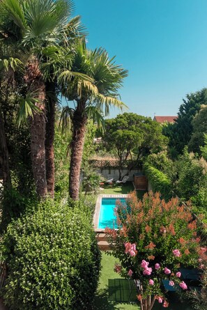 A pool surrounded by lush greenery and palm trees. - Newly renovated three storey Townhouse with garden, pool and lovely sun terrace. (Bergerac)