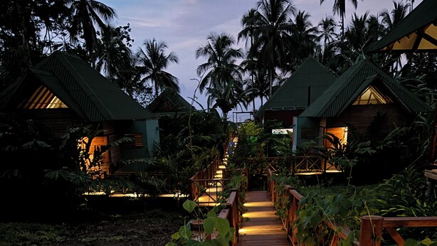 A wooden pathway leading to a resort with overwater bungalows, surrounded by lush greenery and palm trees. - JENENÉ LODGE (Nuquí)