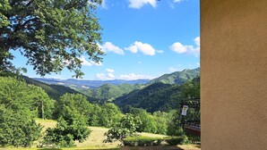 Une vue depuis un balcon donnant sur une vallée verdoyante, avec des collines qui se dessinent à l’horizon.