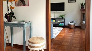 Un salon avec une table bleue, un tabouret en osier, un téléviseur et une plante en pot.