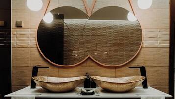 Hair dryer, bidet, towels, soap