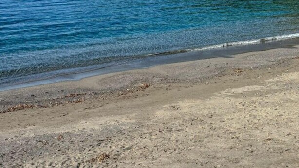 Une plage à l’eau claire, un rivage rocheux et une colline boisée en arrière-plan.