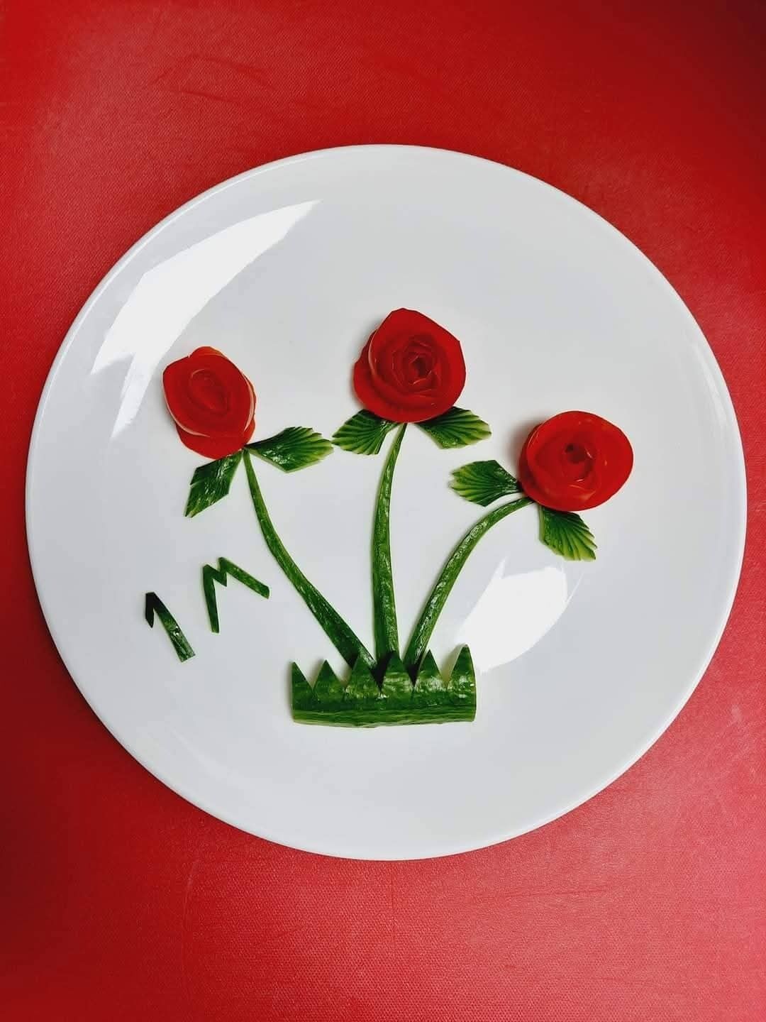 A white plate with a red background.