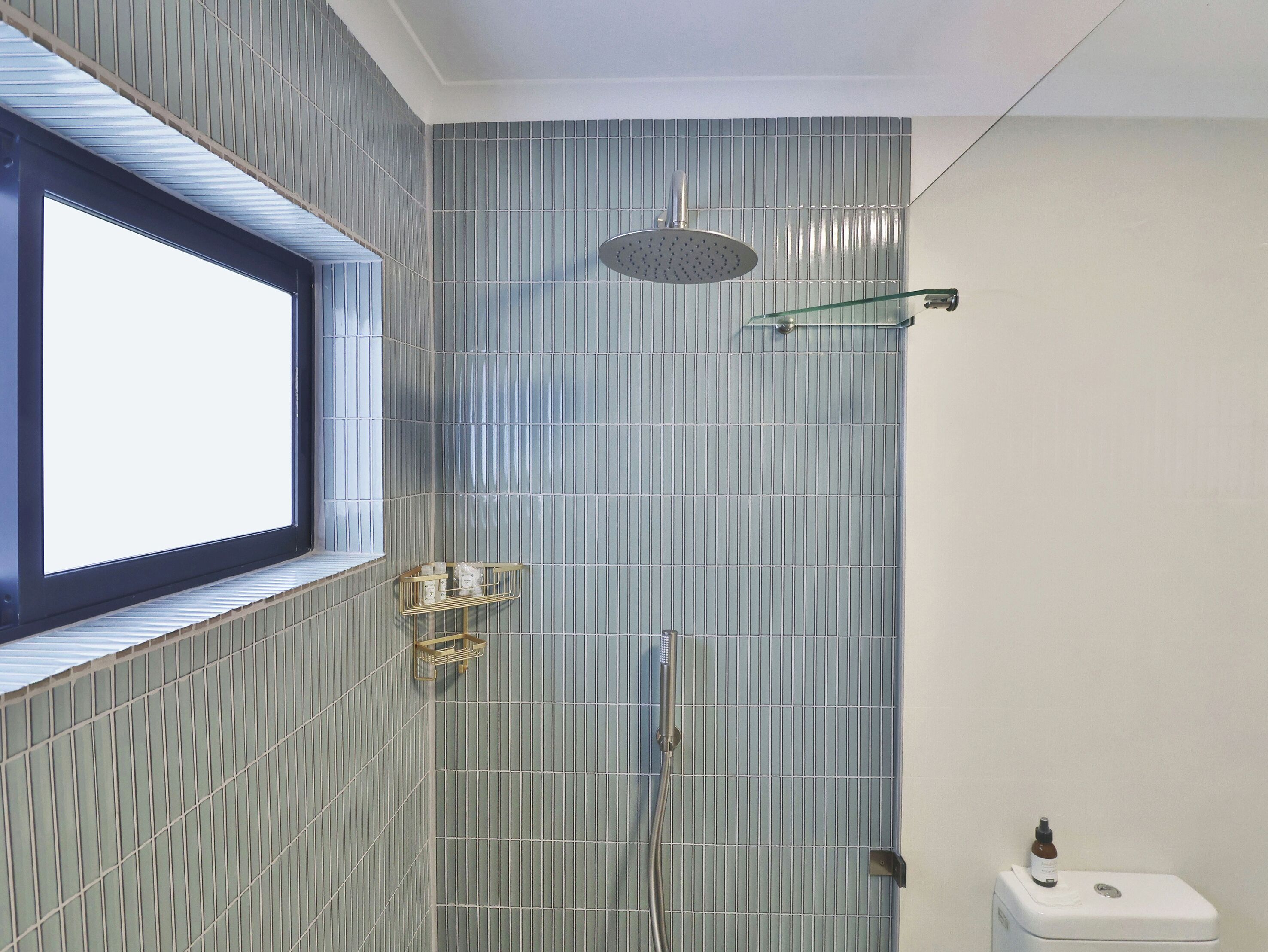 A bathroom with a shower, a window, and a toilet.