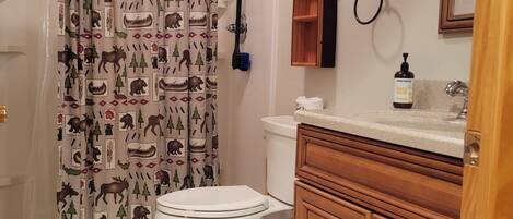 A bathroom with a toilet, a shower curtain with animal prints, a wooden cabinet, and a mirror.