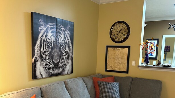 A living room with a grey sectional sofa, orange and black patterned pillows, a glass coffee table with magazines, a framed map, and a tiger painting on the wall. - Auburn First Floor Condo. Walking Distance To Jordan Hare and Auburn Arena (Auburn)
