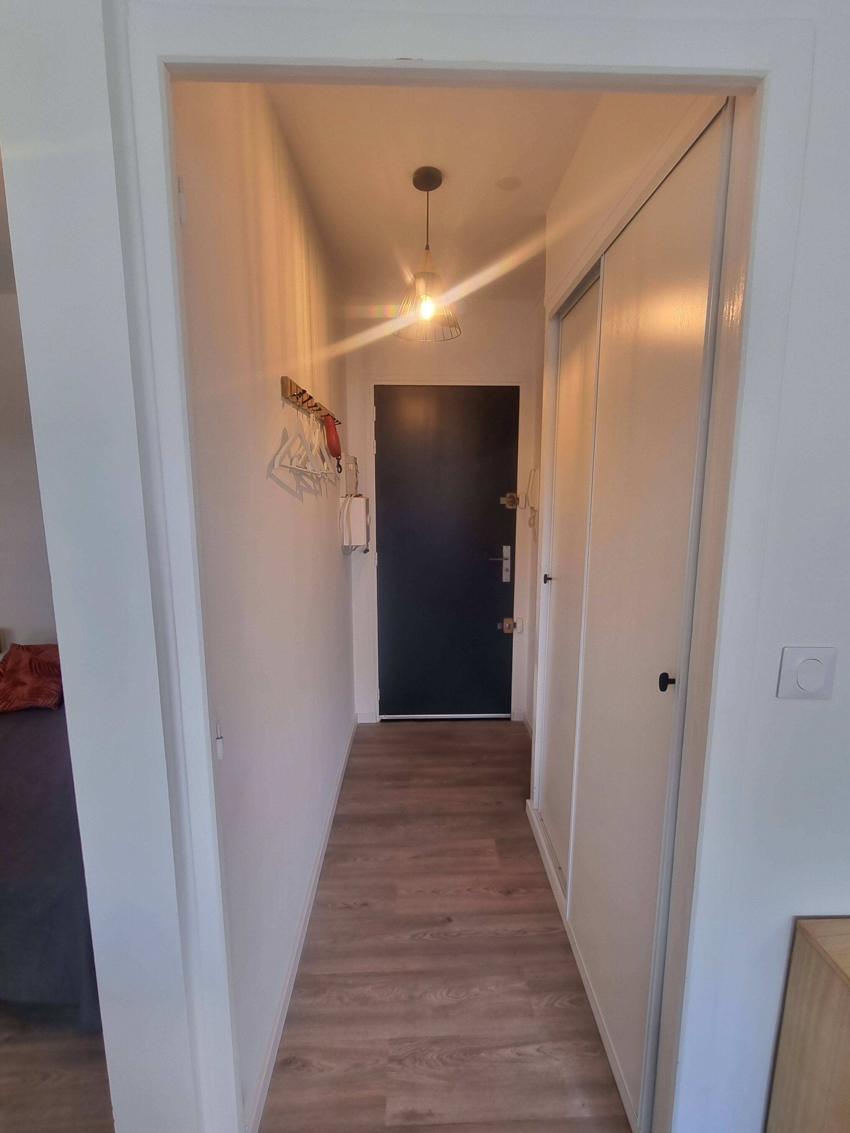 A hallway with a wooden floor, white walls, and a ceiling light. There is a door at the end of the hallway.