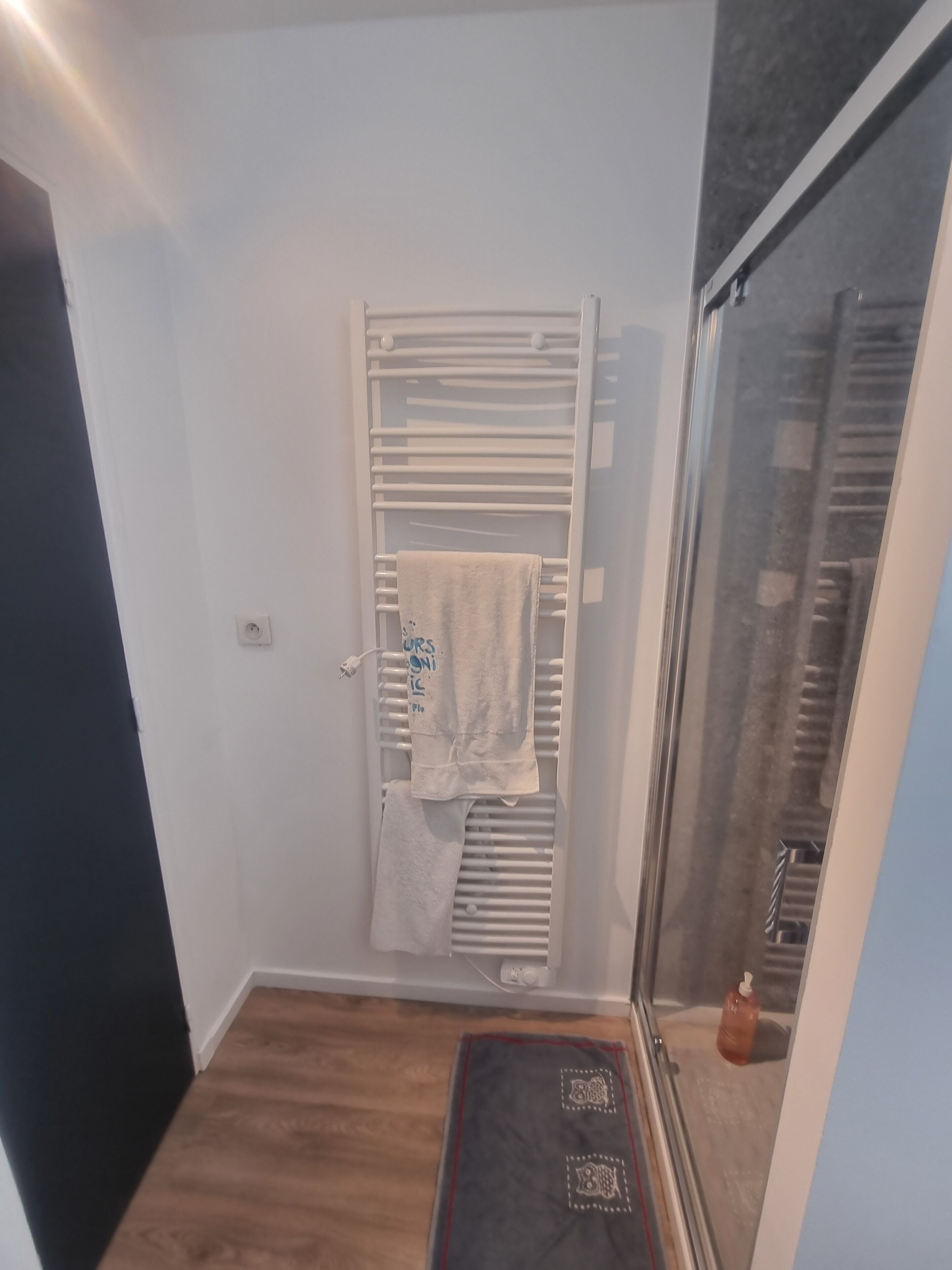 Un bagno con un portasciugamani bianco, un box doccia in vetro e un pavimento in legno.