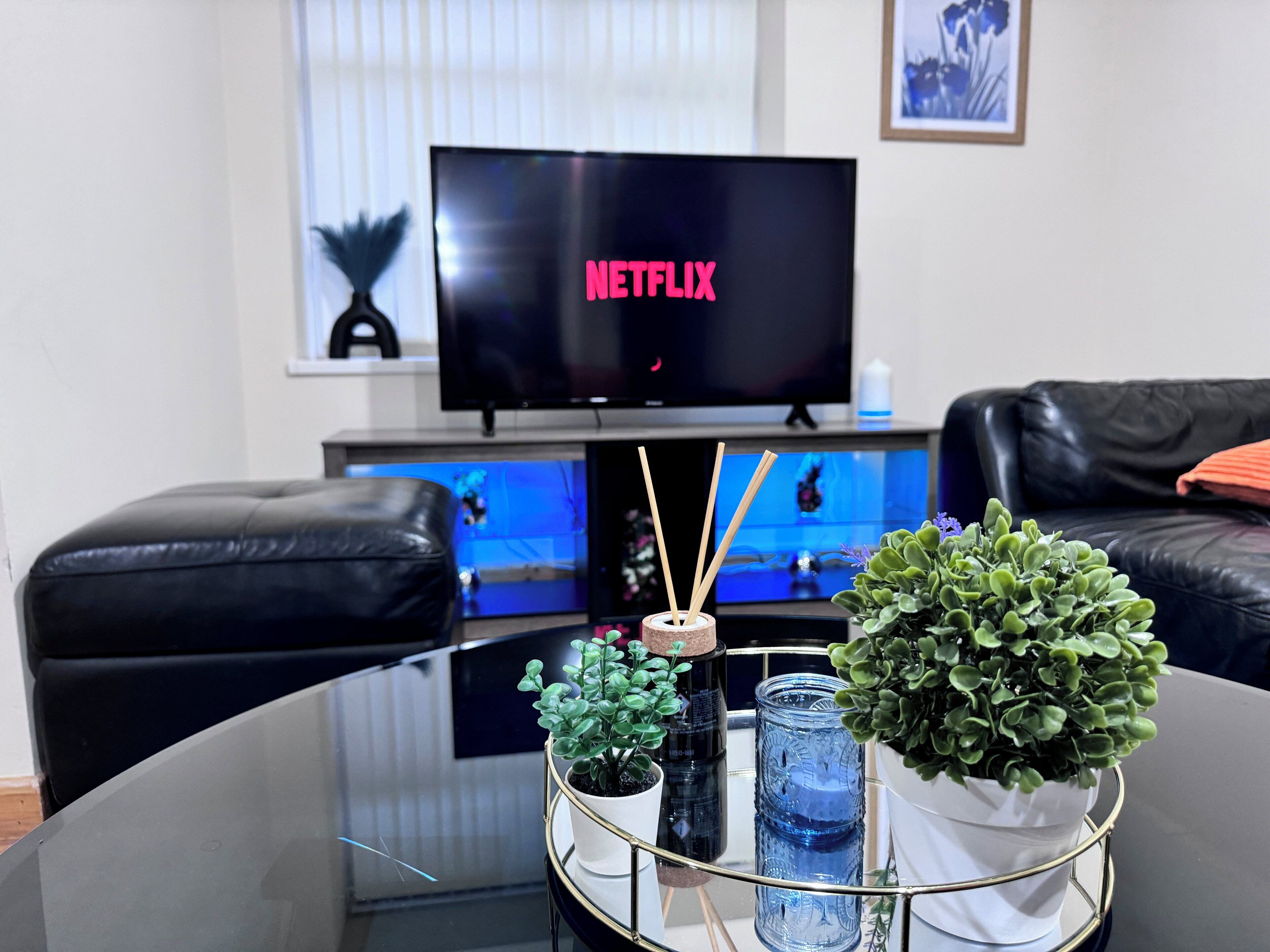 A living room with a glass coffee table, a black leather sofa, a TV displaying the Netflix logo, and a small plant on the table.