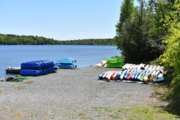 A gravel beach with kayaks and canoes lined up on the shore. - PL Motel (Greentown)