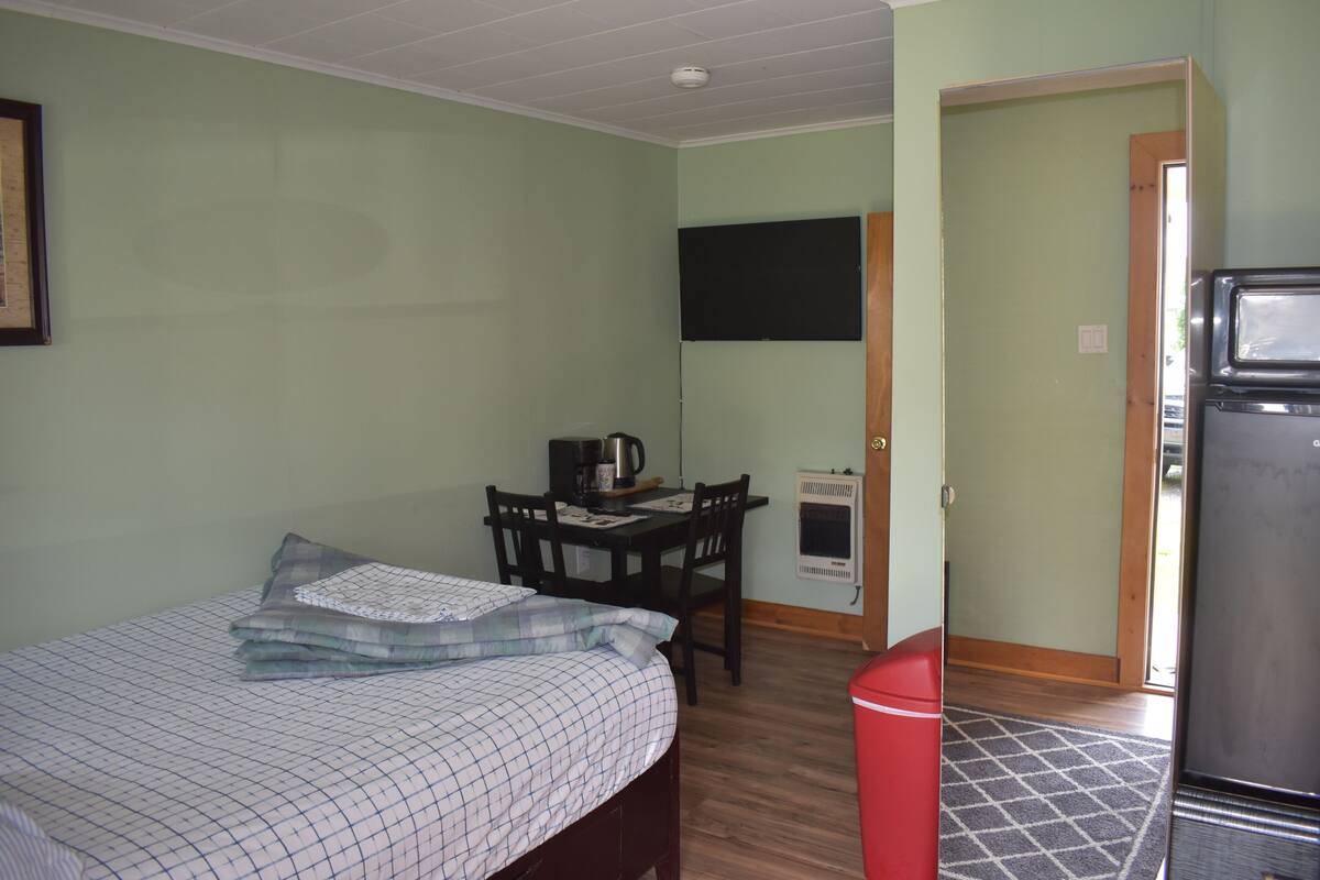 Una habitación con cama, escritorio, televisión y refrigerador.