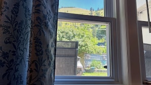 Una ventana con vistas a un paisaje verde, un marco blanco y una cortina azul con estampado floral.