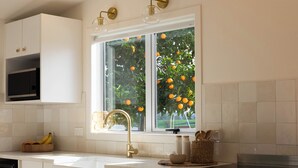 A kitchen with white cabinets, a stainless steel stove, a window with a view of an orange tree, and a microwave above the counter. - Willow View Cottage with beautiful country views - Near Waitomo (Otorohanga)