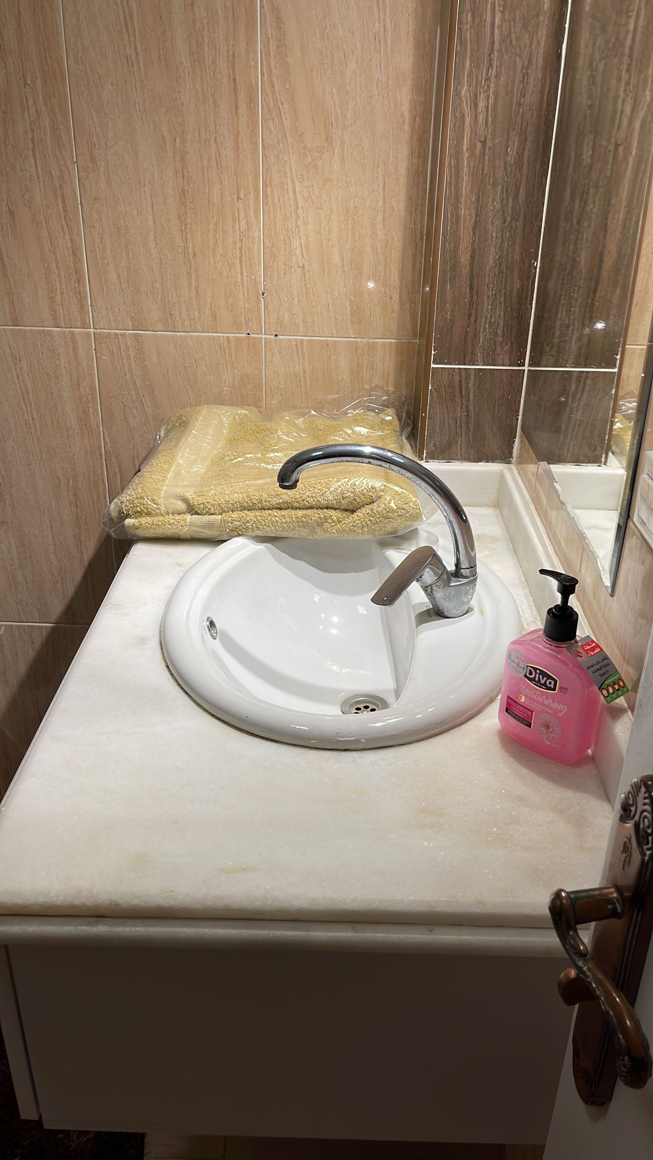 Un bagno con un lavandino bianco, un asciugamano e un dispenser di sapone.