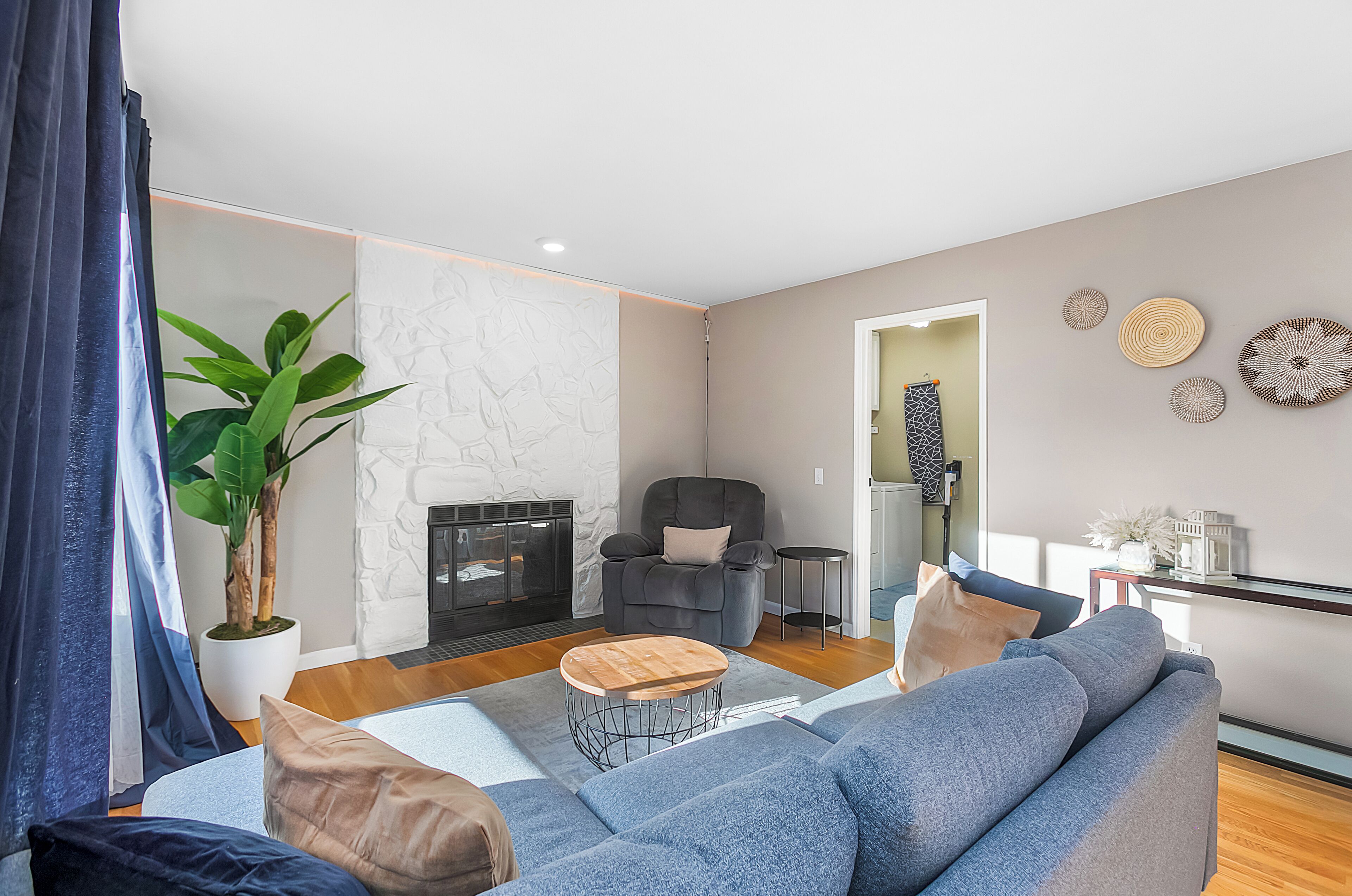 Una sala de estar moderna con un sofá, una mesa de centro, una chimenea y una planta en maceta.