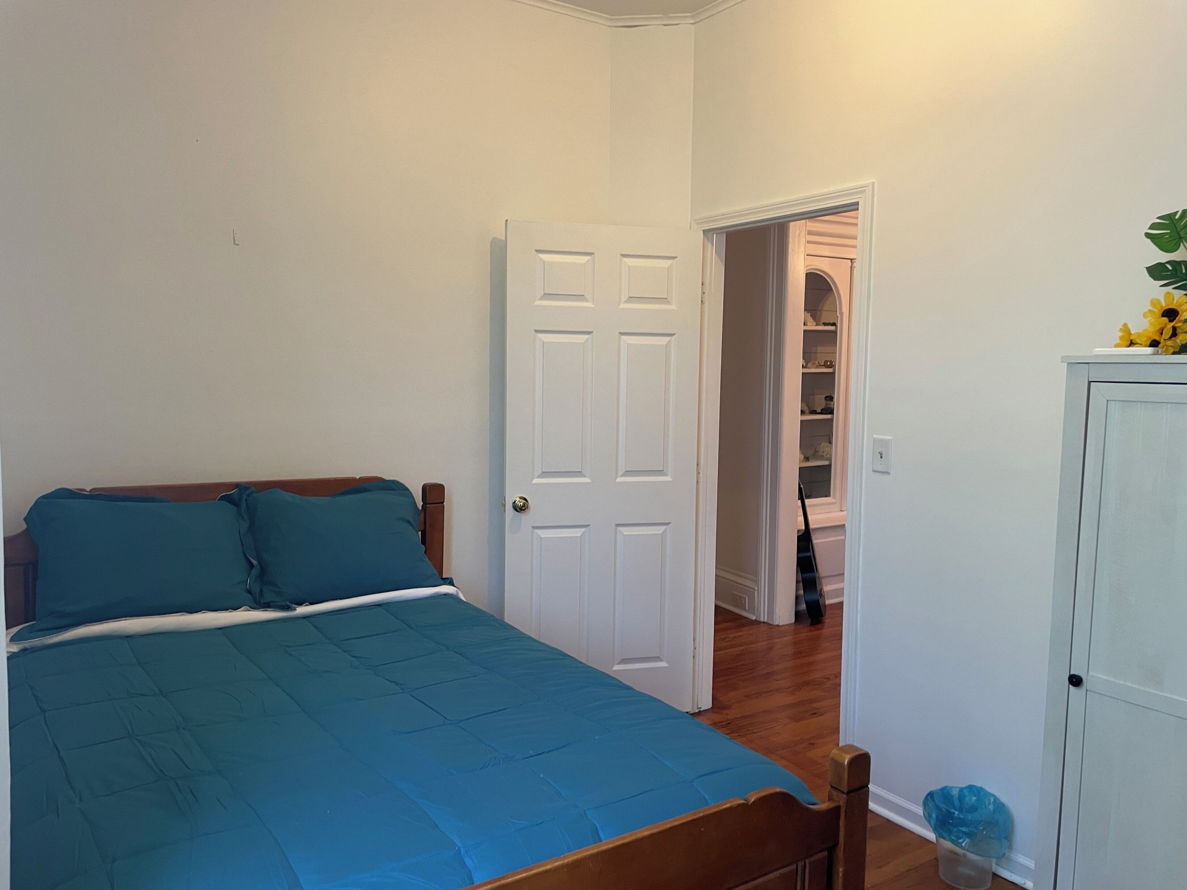 Une chambre à coucher avec un lit, une porte, un placard et un couloir.