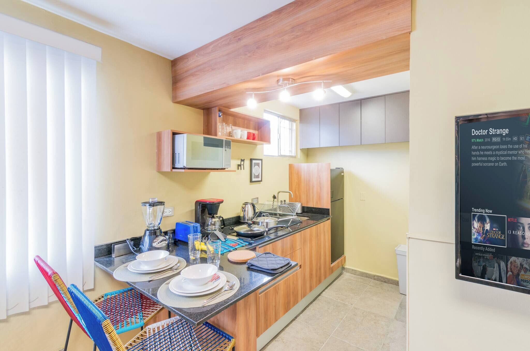 Fridge, microwave, stovetop, coffee/tea maker