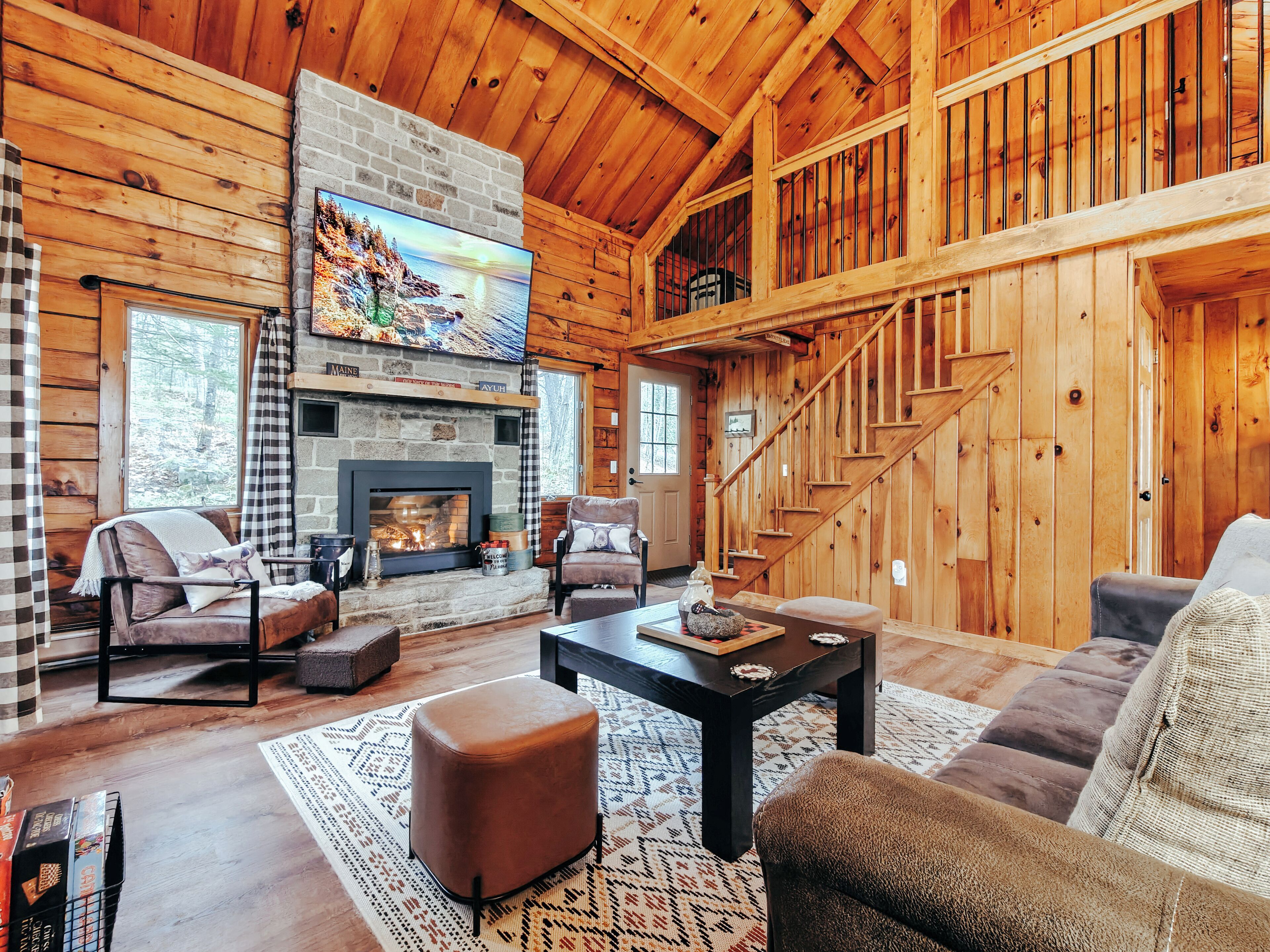 Smart TV, fireplace, books