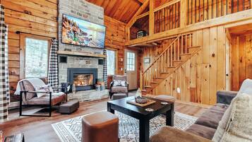 Smart TV, fireplace, books