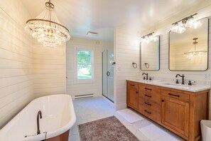 Hair dryer, towels, soap, toilet paper