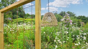 A garden with a wooden trellis and a hanging basket. - Stunning home in La Pernelle with WiFi (La Pernelle)