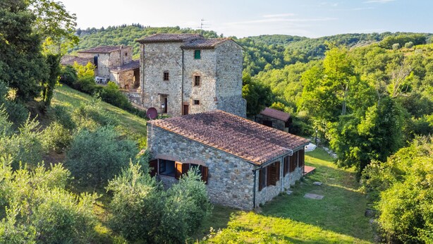 Un bâtiment en pierre, surmonté d’un toit de tuiles, entouré d’une végétation luxuriante et avec des collines en arrière-plan.