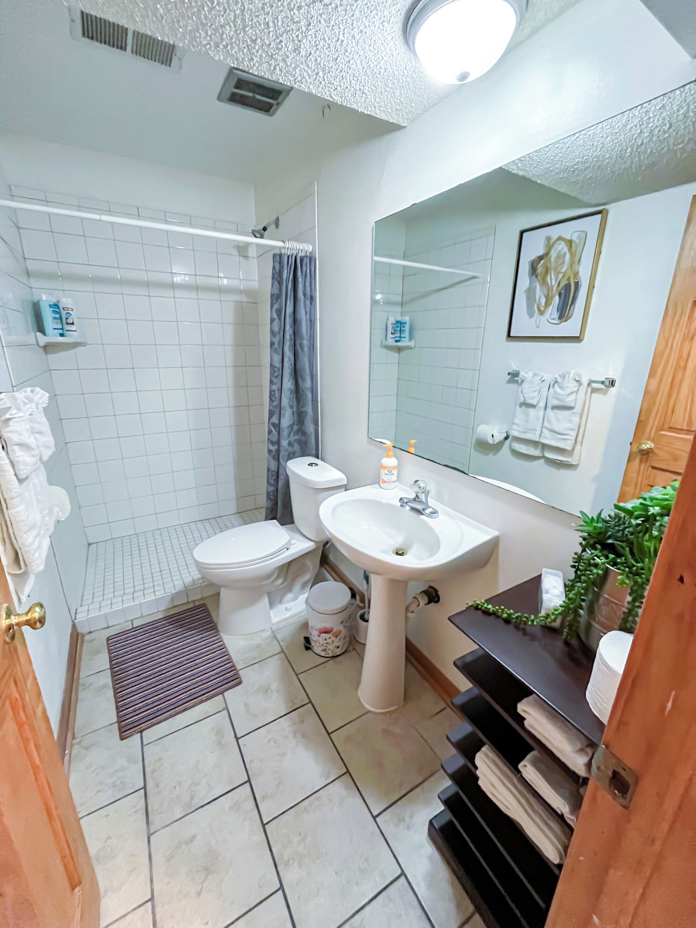 A bathroom with a toilet, sink, shower, and a mirror.