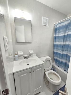 Hair dryer, towels, soap, toilet paper