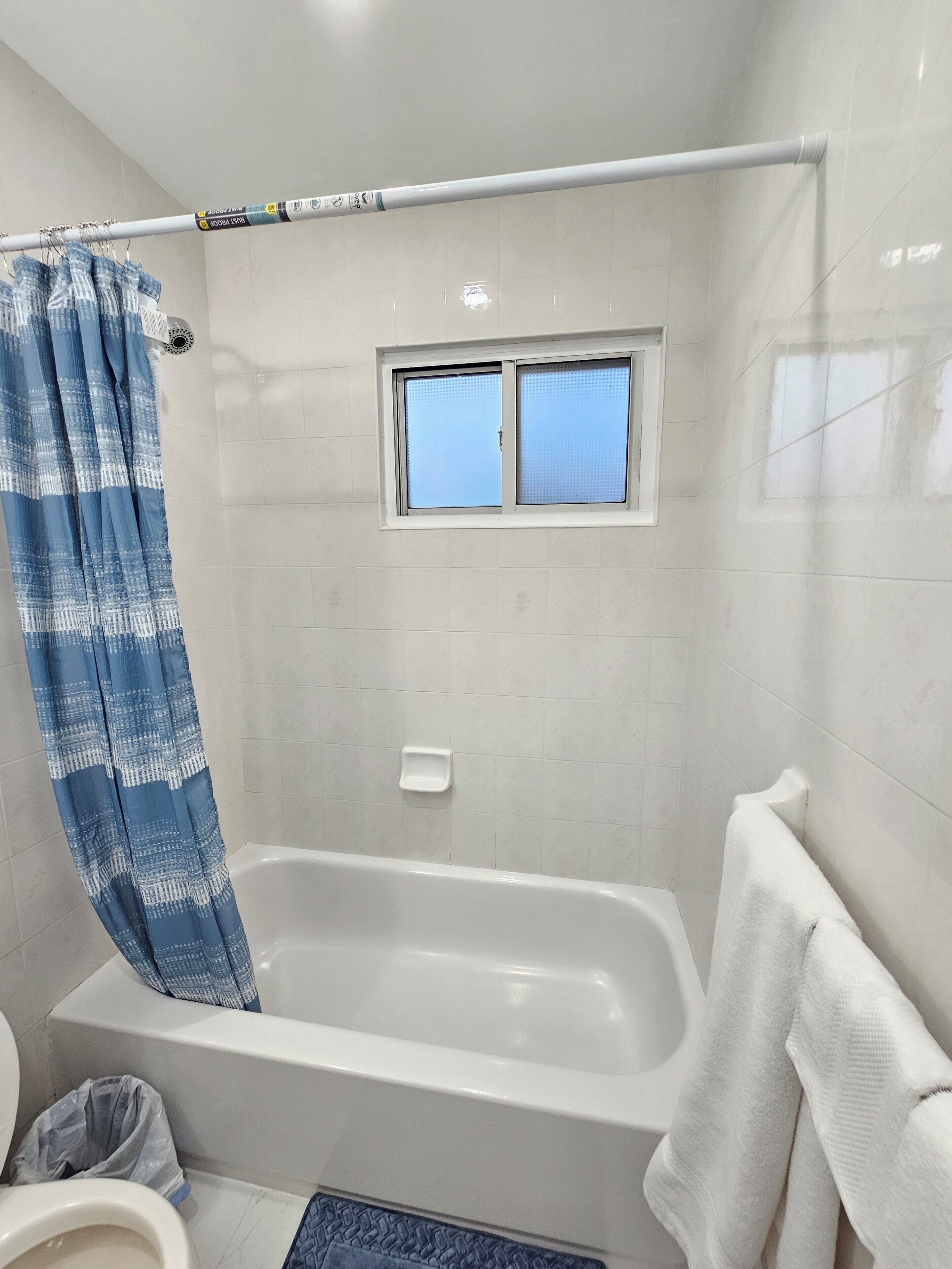 Hair dryer, towels, soap, toilet paper