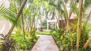 A pathway flanked by lush greenery and palm trees, leading to a building with a modern design.
