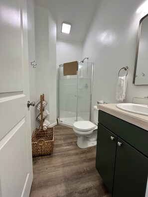 Shower, towels, soap, toilet paper