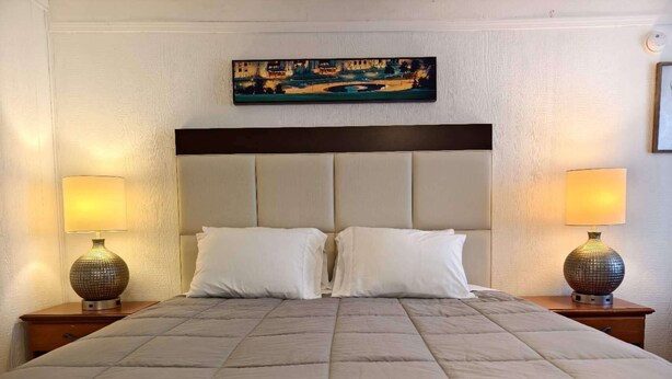 Una cama bien hecha con cubrecama acolchado, dos almohadas blancas y un cabecero con detalles horizontales oscuros. Dos lámparas de noche con bases estampadas están sobre mesitas de madera. Un cuadro cuelga sobre la cama.