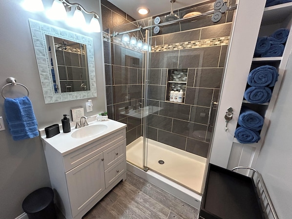 Shower, hair dryer, towels, soap